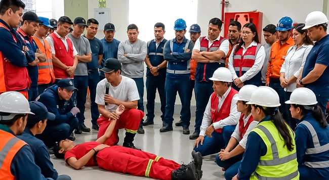 Capacitación del equipo de Alcallpa Group en Seguridad y Salud en el Trabajo (SST), destacando el uso correcto de equipos de protección personal en obra.